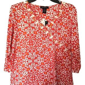 Project Red & White Ikat Pattern Beaded‎ V-Neck 3/4 Sleeve Top Size PL NWT